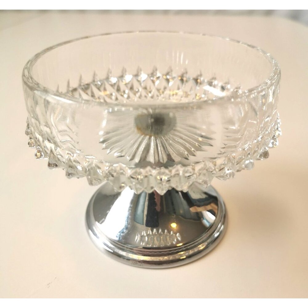 Vintage Diamond Point Glass Dessert Dish with Silverplate Base